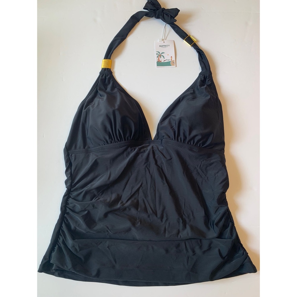B2PRITY Women Black Halter Tankini Top Gold Hardware V-Neck Swimwear Size L NWT